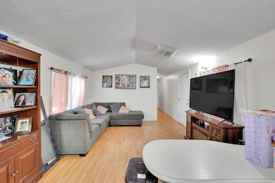 Living area featuring light wood-type flooring, vaulted ceiling, and a textured ceiling