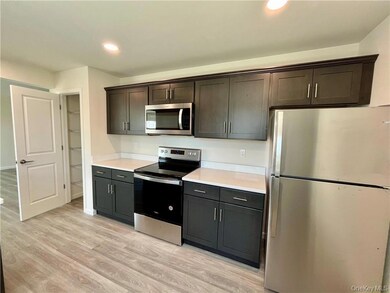 Kitchen featuring dark brown cabinetry, light wood-type flooring, and appliances with stainless steel finishes
