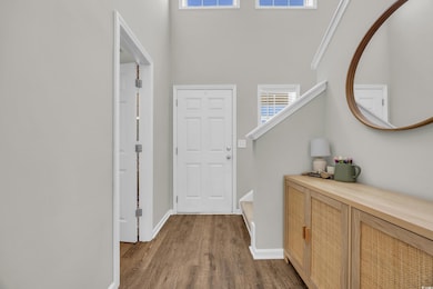 Foyer entrance featuring dark wood finished floors, baseboards, and a towering ceiling