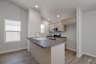 Kitchen with appliances with stainless steel finishes, vaulted ceiling, a peninsula, dark countertops, and light wood finished floors