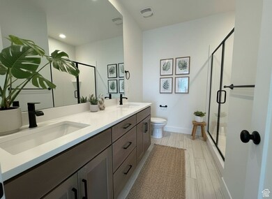 Bathroom featuring double vanity, a stall shower, light wood-style flooring, and recessed lighting