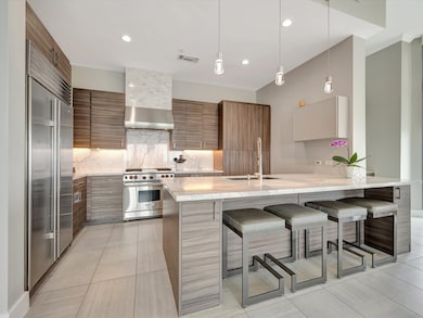The open dining area flows effortlessly into a mod