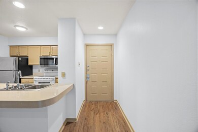 Kitchen featuring baseboards, a sink, light wood-