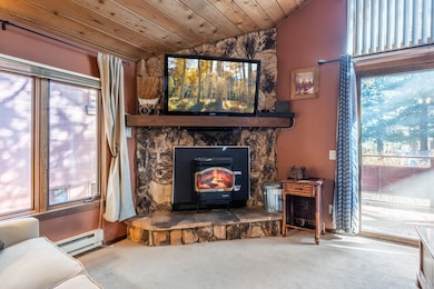 Living area featuring carpet, a wood stove, lofted ceiling, a baseboard heating unit, and wooden ceiling