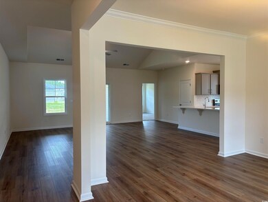 Unfurnished living room featuring a sink, ornamental molding, dark wood-style floors, lofted ceiling, and baseboards