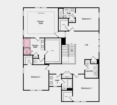 Second Floor Plan - Additional highlights include: covered back patio, primary bathroom with a soaking tub and separate shower, gourmet kitchen, and laminate stair treads