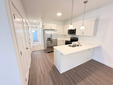 Kitchen featuring a peninsula, dark wood-type flooring