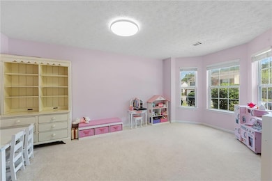 Playroom with carpet flooring, visible vents, a te