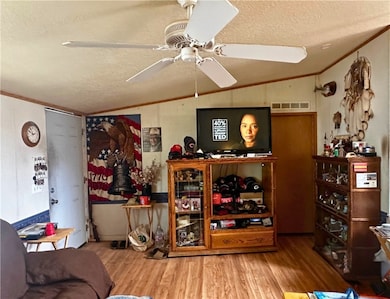Living room with lofted ceiling, a textured ceilin