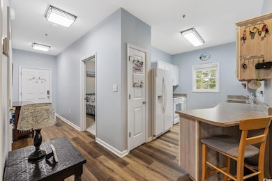 Kitchen featuring dark wood-style floors, a sink, 