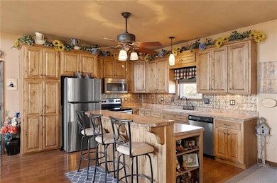 Kitchen with a sink, appliances with stainless steel finishes, a ceiling fan, and light countertops