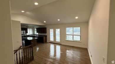 Kitchen featuring lofted ceiling, stainless steel microwave, dark wood-type flooring, a sink, and baseboards
