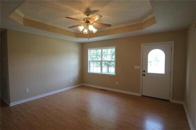 Spacious living room with tray ceiling and laminate floors.