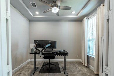 Office featuring plenty of natural light, ceiling fan, a raised ceiling, and carpet