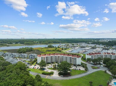 Aerial view of a large body of water and numerous boat docks