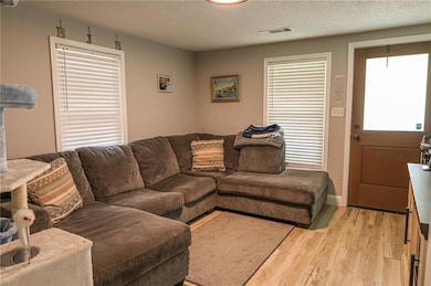 Living room with light wood-type flooring and a textured ceiling