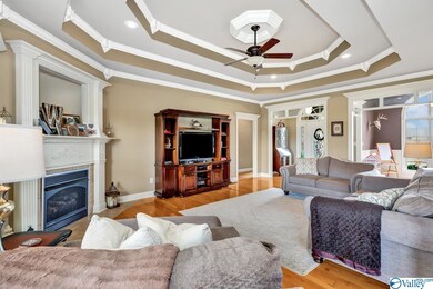 Featuring celling fan, crown molding, fireplace, t