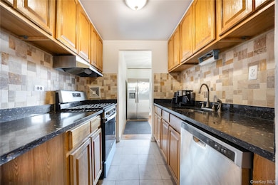 Kitchen with stainless steel appliances, dark stone countertops, under cabinet range hood, and light tile patterned flooring