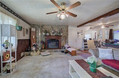 Carpeted living area with a ceiling fan, a texture
