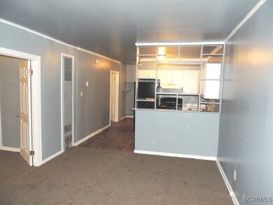 Kitchen featuring dark colored carpet, white cabin