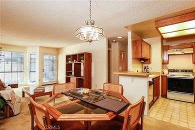 Dining area with overhead lighting.