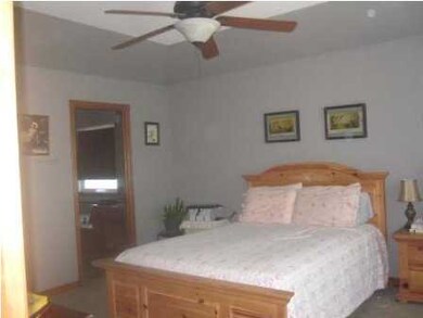 The split plan master bedroom overlooks the wooded