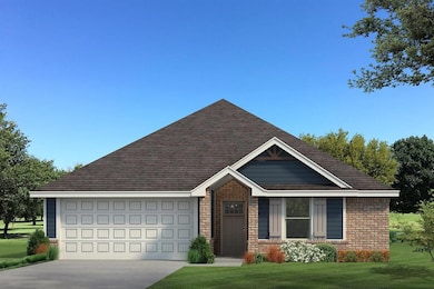 View of front facade featuring an attached garage, driveway, a front yard, a shingled roof, and brick siding