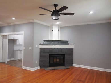 Unfurnished living room with ceiling fan, ornament