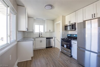 Kitchen with white cabinetry, sink, backsplash, light wood-type flooring, and stainless steel appliances