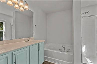 Primary full bath featuring vanity, a soaking tub, and separate stall shower