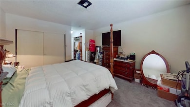 Carpeted bedroom with a textured ceiling and a walk in closet