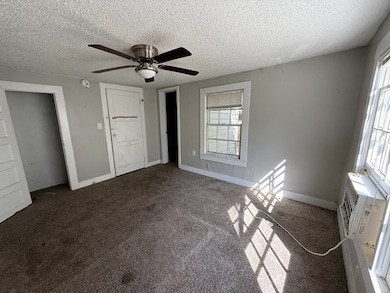 Unfurnished bedroom featuring a textured ceiling, carpet floors, ceiling fan, a closet, and an AC wall unit