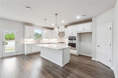 Kitchen with under cabinet range hood, dark wood-s