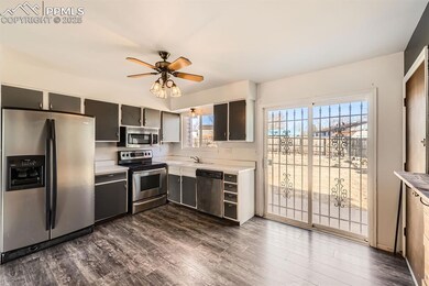 Kitchen with dark wood-style floors, stainless ste