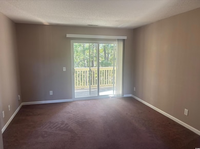 Spare room featuring a textured ceiling and dark carpet