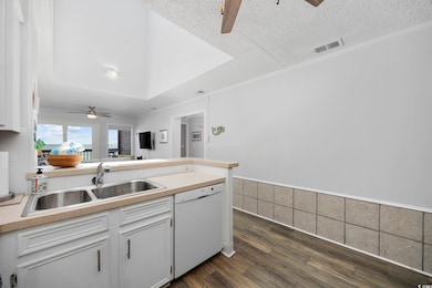 Kitchen featuring ceiling fan, dishwasher, a sink, dark wood finished floors, and light countertops
