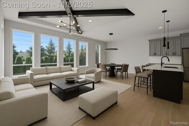 Living area with light wood finished floors, recessed lighting, a chandelier, and beam ceiling