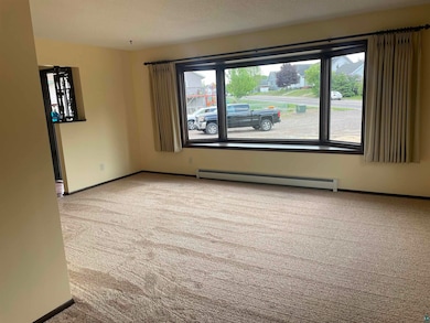 Carpeted empty room with a baseboard heating unit and baseboards