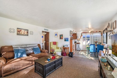 Carpeted living room featuring a textured ceiling and a ceiling fan