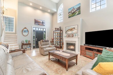 Living room featuring a high ceiling and light har
