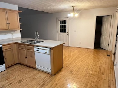 Kitchen with light countertops, light wood finished floors, open shelves, dishwasher, and a textured ceiling
