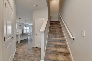 Stairway with hardwood / wood-style floors