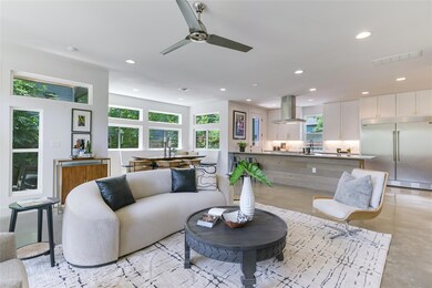 Living room with finished concrete floors, recess