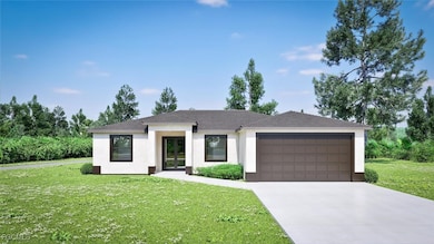 View of front of home with a front yard, driveway, an attached garage. Virtual RENDER, finished product may vary.