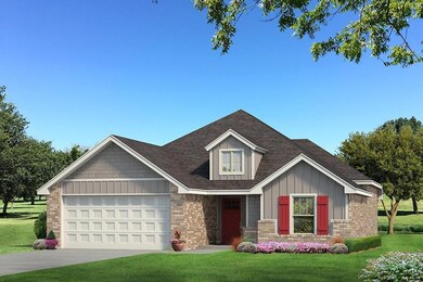 View of front facade featuring brick siding, an attached garage, board and batten siding, and a front lawn