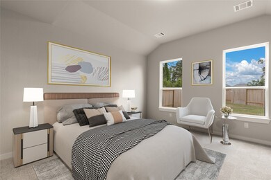 Come and unwind after a long day in this magnificent primary suite! This spacious room features plush carpet, warm paint, high ceilings, and large windows.
