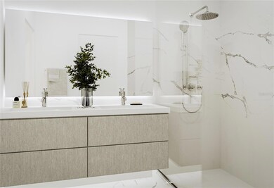 Modern Dual Sink Floating Vanities with Single Door Flat-panel Cabinetry and Glass Shower Enclosers