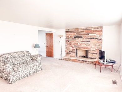 Living area with carpet and a fireplace