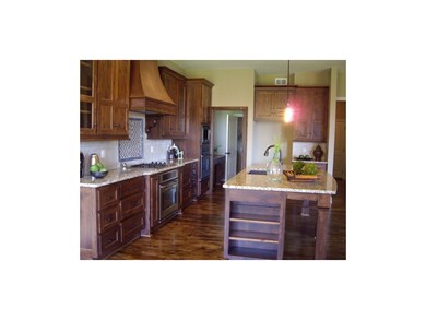 Gas cook top and double ovens in kitchen.
