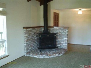 Living room fireplace with brick surround.